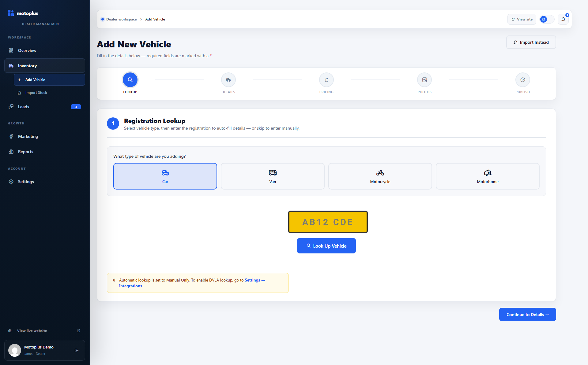 Motoplus vehicle listing wizard with registration lookup
